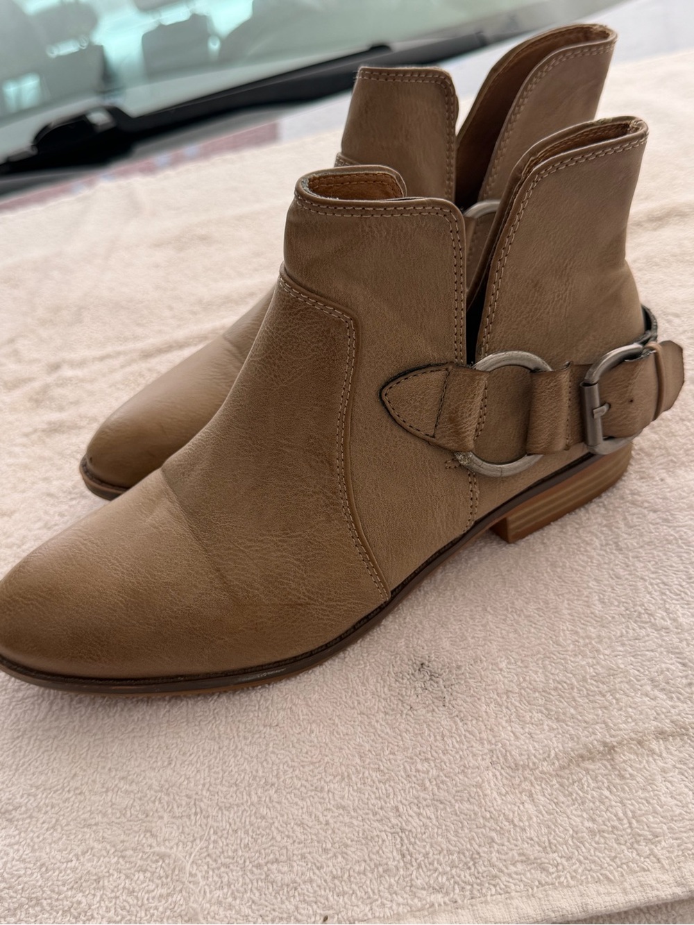 Women's Tan Leather Ankle Boots with Buckle Detail
